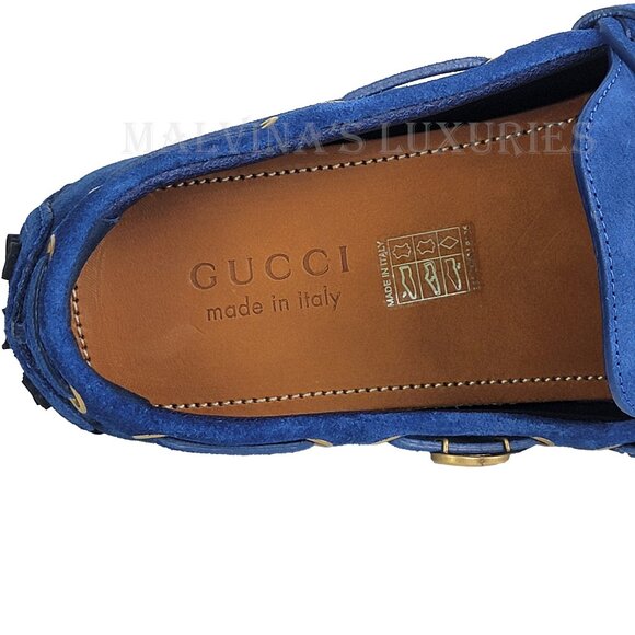GUCCI SHOES MENS DRIVER BLUE SUEDE LEATHER INTERLOCKING G LOGO sz 10.5 11 US - Picture 13 of 16